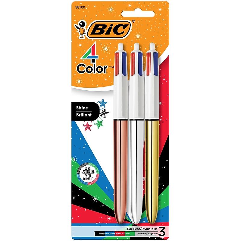 BIC 4-Color Shine Retractable Ballpoint Pen, Medium Point, 1.0mm, Assorted Colors, 3/Pack (MMMTP31-AST) image 1