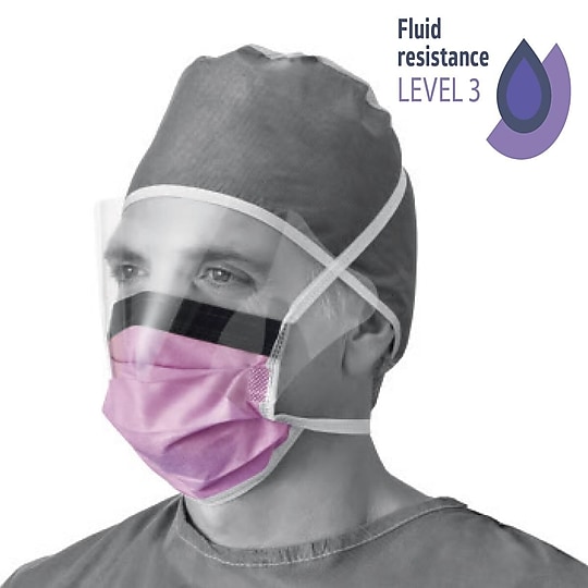 Medline ASTM Level 3 Surgical Face Masks with Eye Shield, Purple, 25/Box, 4 Boxes/Carton (NON27410)~#|#~9E633D46-A9B9-4559-BC9E1F660DAA92B6_sc7