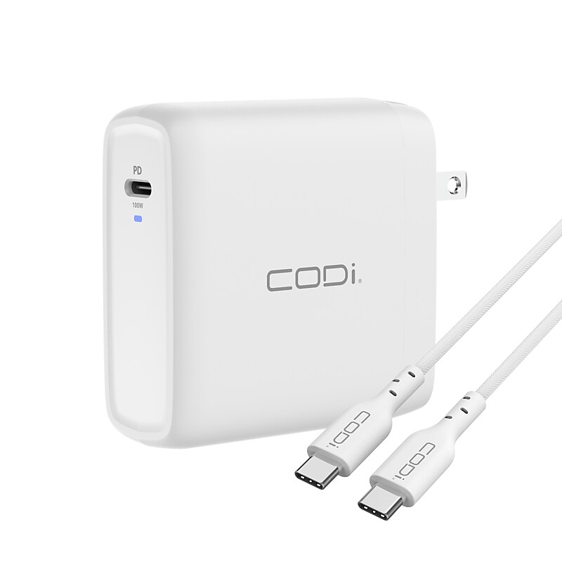 CODi 100W Wall USB-C Charger with USB2.0 EPR Braided Cable, White (A01118) image 1