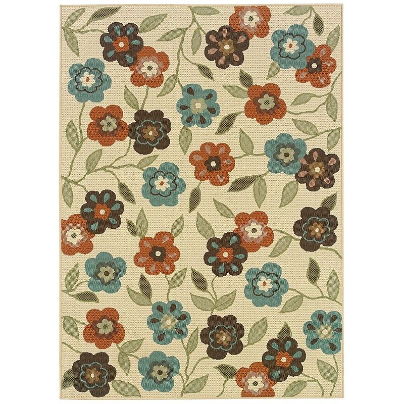 Floral Ivory/ Brown Indoor/Outdoor Machine-made Polypropylene Area Rug (6'7" X 9'6") image 1