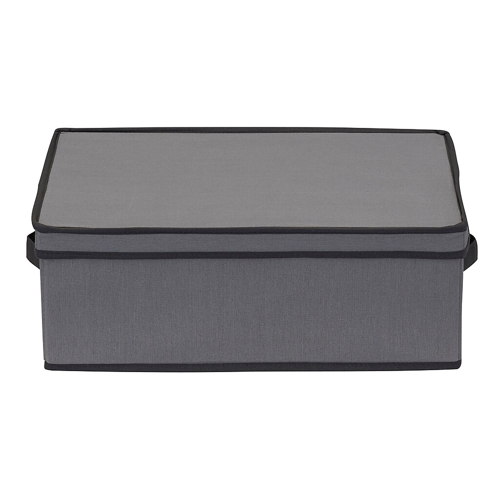Closed top view of gray storage chest showing window and front