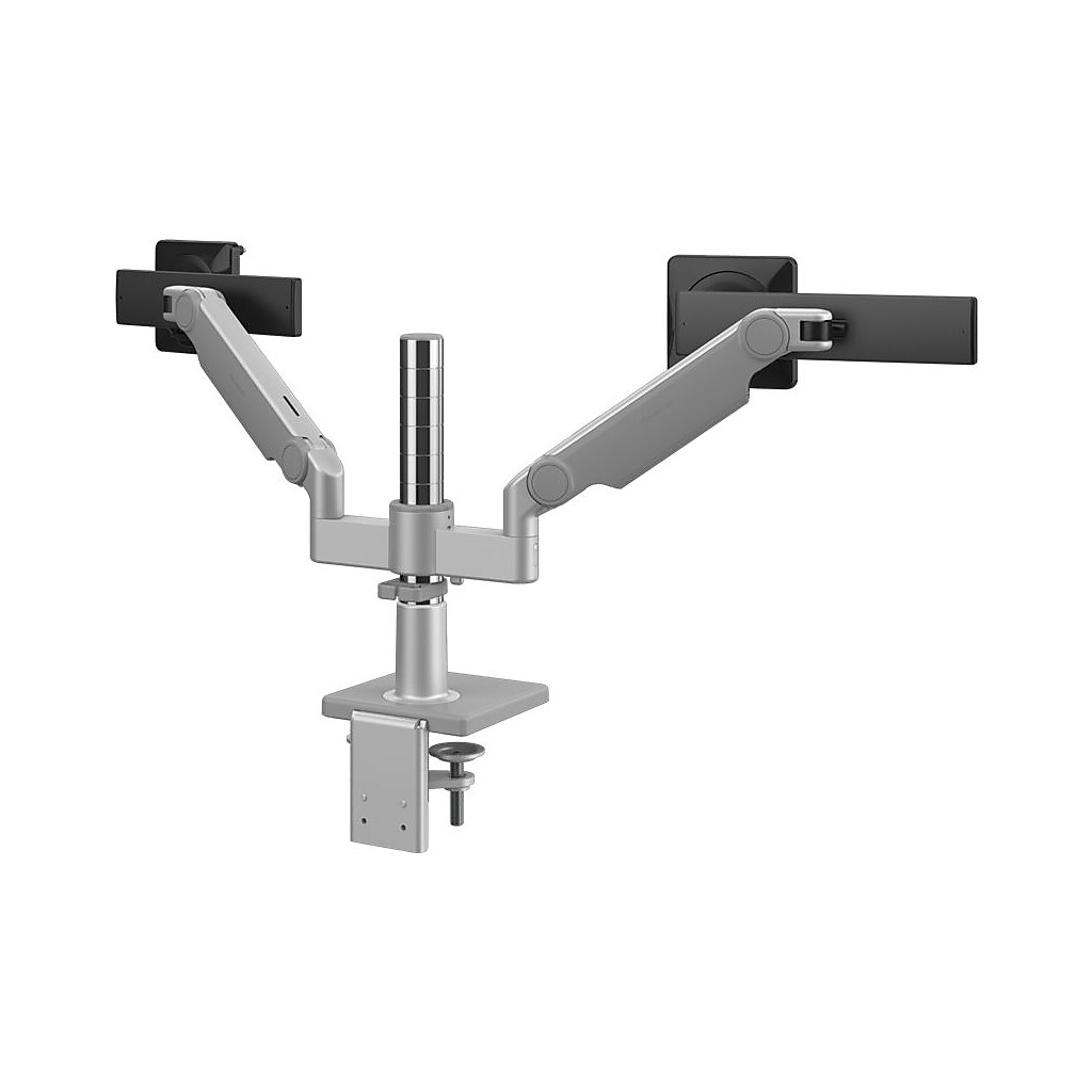 Rear/side angle view of dual monitor arm