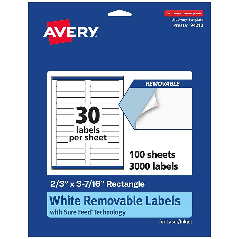 Avery Laser/Inkjet Rectangle Multipurpose Labels, 2/3" x 3-7/16", White, 3000 Labels/Box (94210) image 1