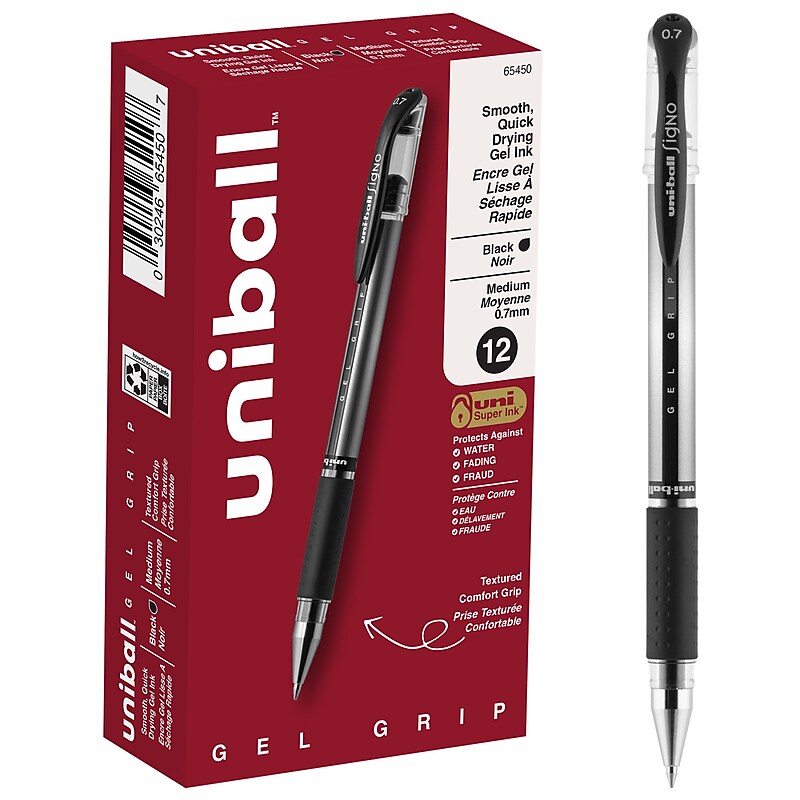 uni-ball Gel Grip Gel Pens, Medium Point, Black Ink, Dozen (65450) image 1