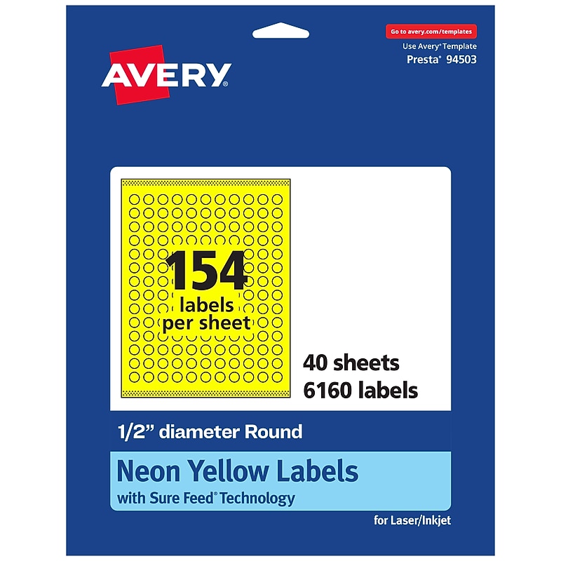 Avery Laser/Inkjet Round Multipurpose Labels, 0.5" Dia., Neon Yellow, 6160/Pack (94503) image 1