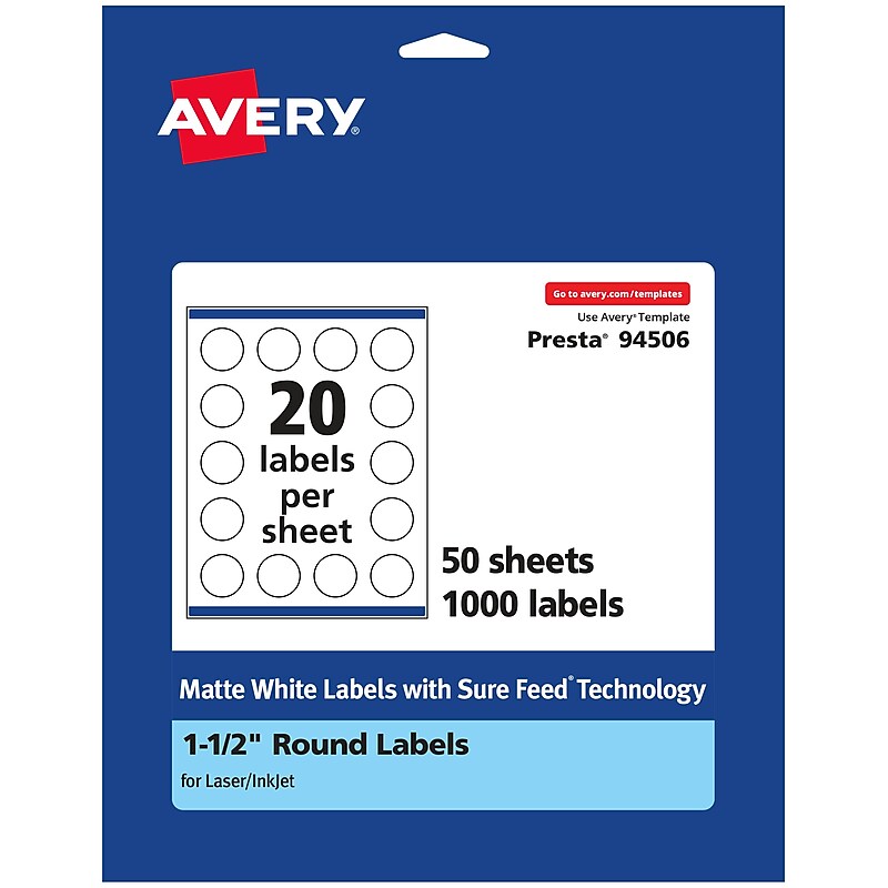 Avery Laser/Inkjet Round Multipurpose Labels, 1 0.5" Dia, Matte White, 1,000 Labels/Box (94506) image 1