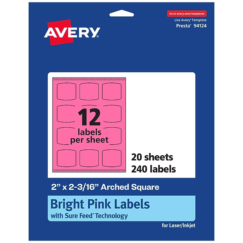 Avery Laser/Inkjet Arched Square Multipurpose Labels, 2" x 2-3/16", Bright Pink, 240/Pack (94124) image 1