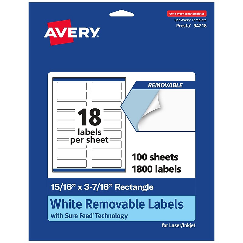 Avery Laser/Inkjet Rectangle Multipurpose Labels, 15/16" x 3-7/16", White, 1800 Labels/Box (94218) image 1