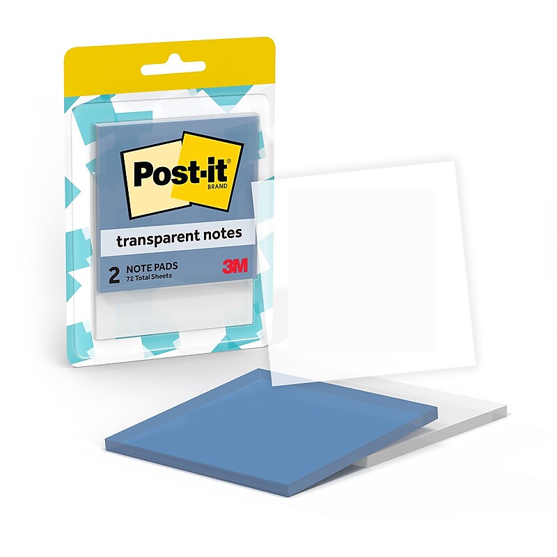 Post-it Transparent Sticky Notes, 2.875" x  2 .875", Blue/Transparent, 36 Sheets/Pad, 2 Pads/Pack (600-2TRCOL) image 1