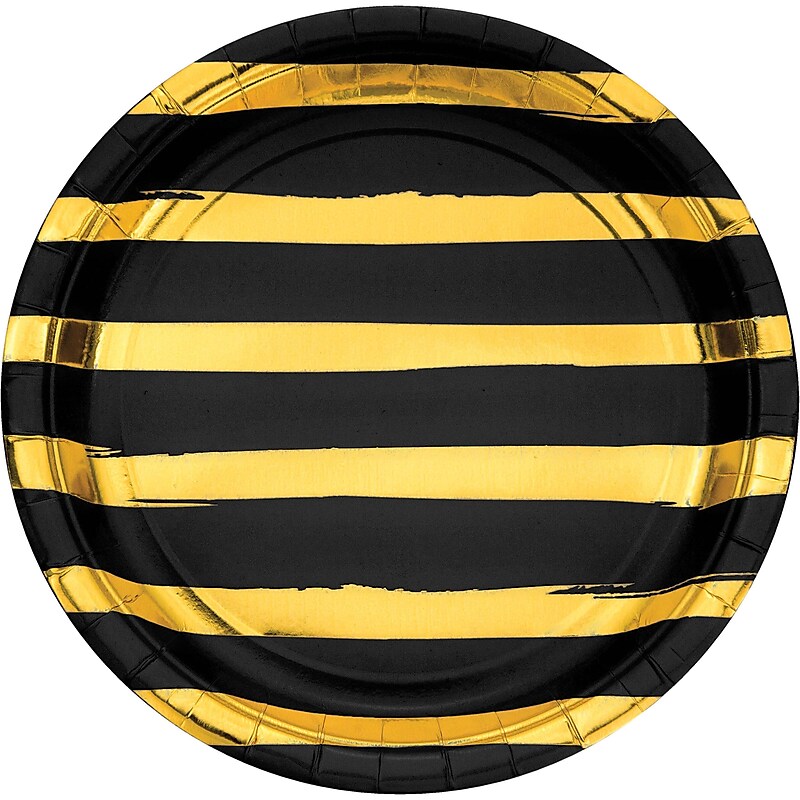 Creative Converting Black and Gold Foil Striped Paper Plates, 96/Pack (329933) image 1