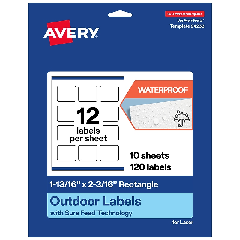 Avery Rectangle Laser Multipurpose Labels, 1-13/16" x 2-3/16", White, 120/Pack (19479399284) image 1