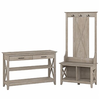 Bush Furniture Key West Entryway Storage Set with Hall Tree, Shoe Bench, and Console Table, Washed Gray (KWS056WG)