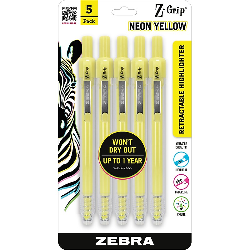 Zebra Z-Grip Retractable Highlighter with Grip, Chisel Tip, Yellow, 5/Pack (71255) image 1