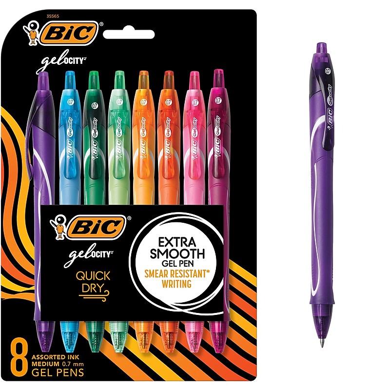 BIC Gel-ocity Quick Dry Retractable Gel Pens, Medium Point, 0.7mm, Assorted Ink, 8/Pack (RGLCGAP81-AST) image 1