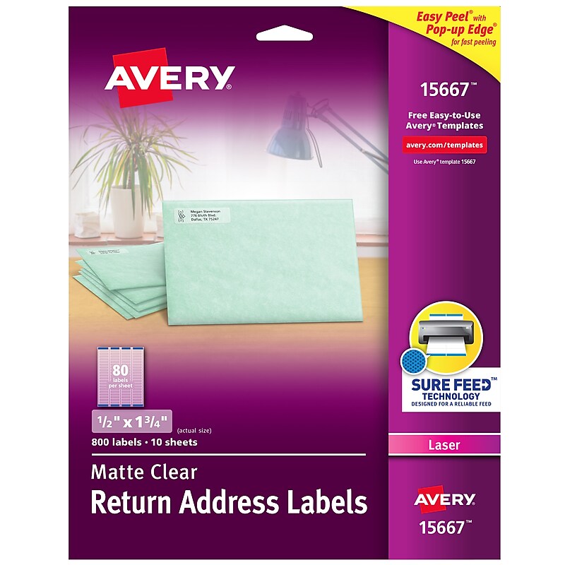 Avery Easy Peel Laser Return Address Labels, 1/2" x 1 3/4", Clear, 800 Labels/Pack (15667) image 1