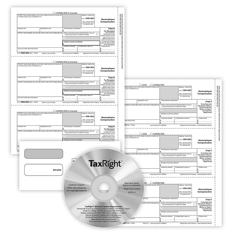 ComplyRight 2024 1099-NEC Recipient Copy Only Tax Form, Envelopes and TaxRight Software, 3-Part, 2-Up, White, 50/Pack image 1