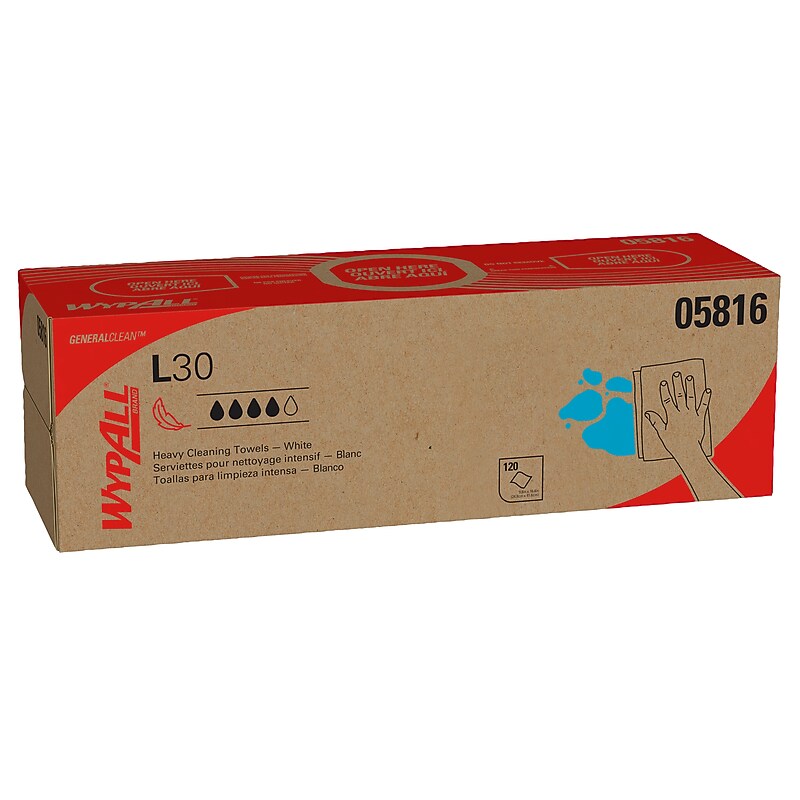 WypAll GeneralClean L30 Cellulose Cleaning Wipers, 16.4" x 9.8", White, 120 Wipers/Box, 6/Carton (05816) image 1