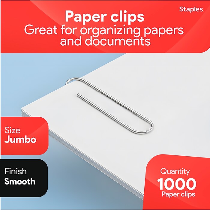 Staples Smooth Jumbo Paper Clips, Silver, 100 Clips/Pack, 10 Packs