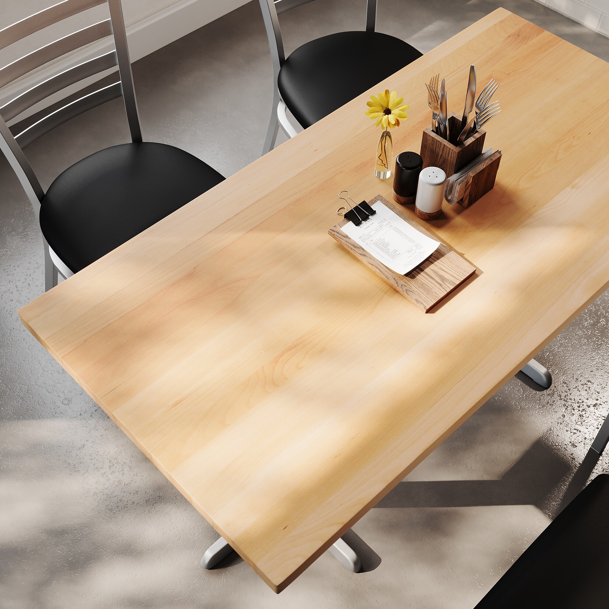 Top view of natural wood-look commercial table with silver pedestal base.