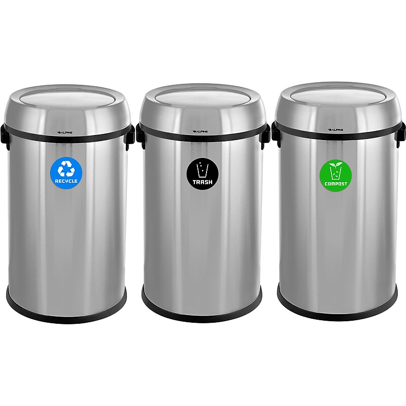 Alpine Industries Three-Stream Trash/Compost/Recycling Station, 51-Gallon, Stainless Steel (ALP470-65L-1-R-T-CO) image 1