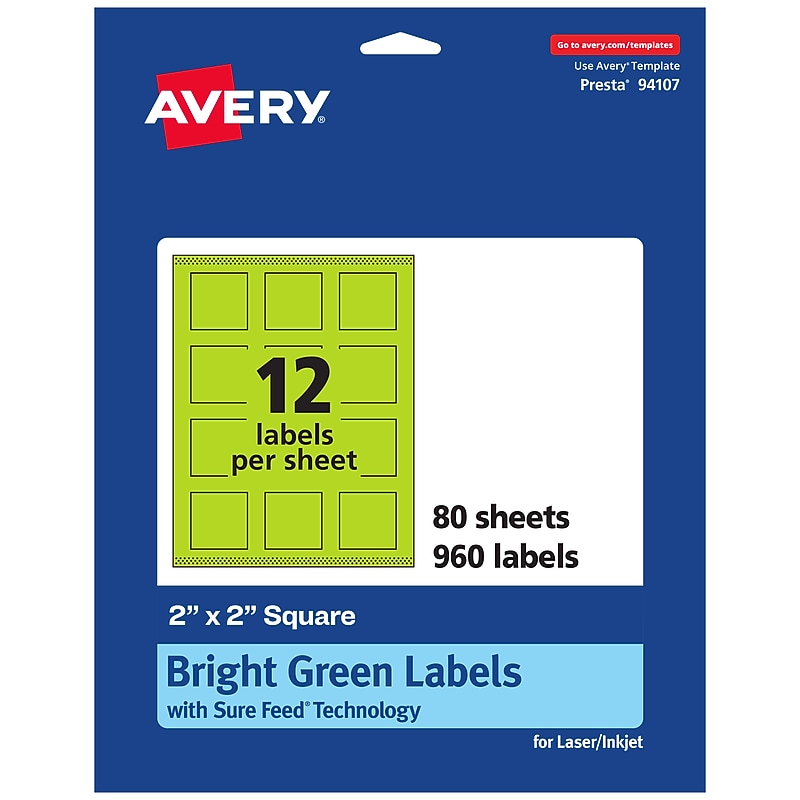Avery Laser/Inkjet Multipurpose Square Labels, 2" x 2", Bright Green, 960/Box (94107) image 1