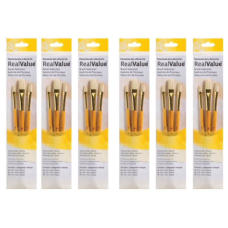 Princeton RealValue Mixed Media Natural Variety Brush Set, Yellow, 3/Set, 6 Sets/Bundle (PBXPR9104-6) image 1