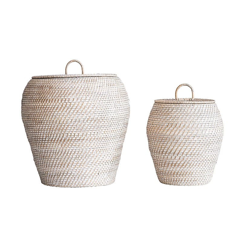 Storied Home Decorative Handwoven Rattan Storage Baskets with Lids, Whitewashed, 2/Set (AH0324) image 1