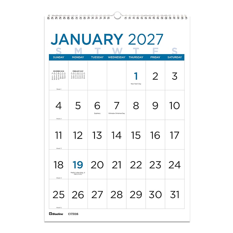 2027 Blueline Large Print 12" x 17" Monthly Wall Calendar (C173106-27) image 1