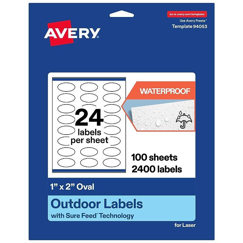 Avery Waterproof Oval Laser Multipurpose Labels, 1" x 2", White, 2400/Box (19479399183) image 1