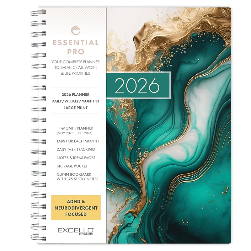 2026 Global Printed Products 8.5" x 11" Weekly & Monthly Planner, Paperboard Cover, Teal Gold Marble (ESPROCY26851154) image 1