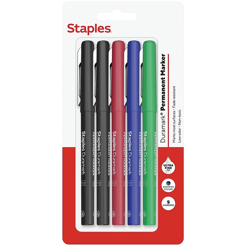 Staples Duramark Permanent Marker, Ultra Fine Tip, Assorted, 5/Pack (ST62953) image 1