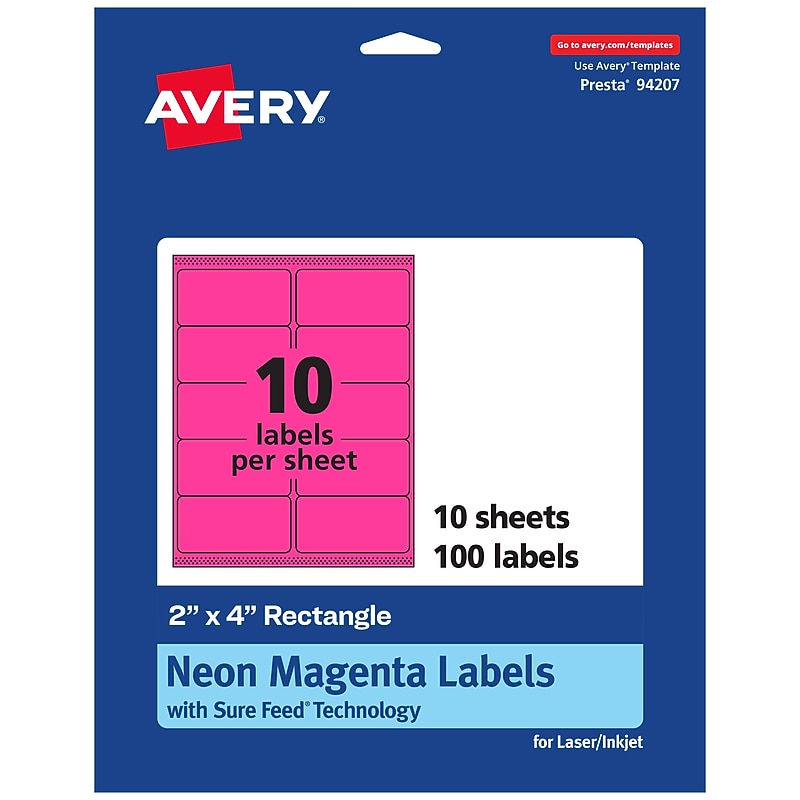 Avery Laser/Inkjet Multipurpose Labels, 2" x 4", Neon Magenta, 10 Labels/Sheet, 10 Sheets/Pack (94207-NMP10) image 1