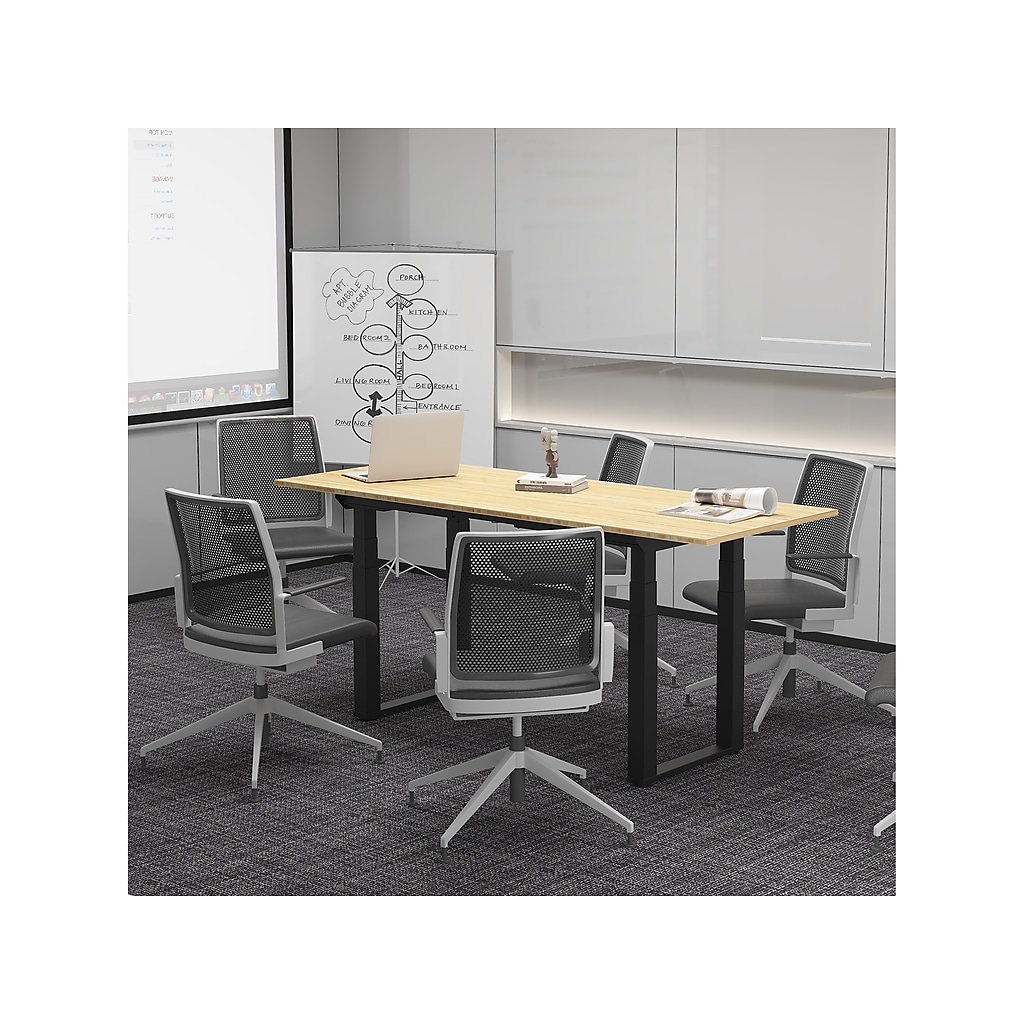 Office meeting room with bamboo desk and surrounding chairs