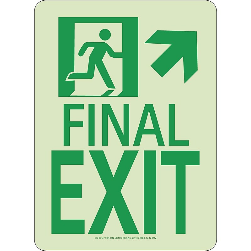 NYC Final Exit Sign, Up Right, 11X8, Rigid, 7550 Glo Brite, MEA Approved image 1