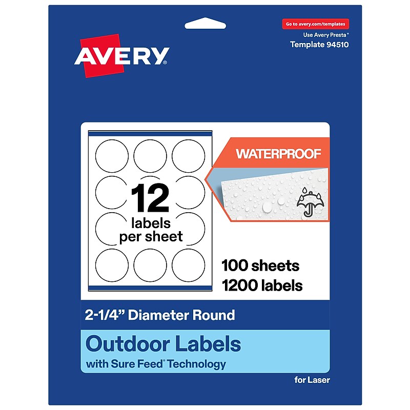 Avery Round Laser Multipurpose Labels, 2.25" Dia., White, 1200/Box (19479399443) image 1