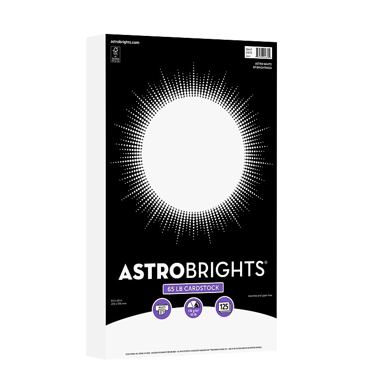 Astrobrights 65 lb. Cardstock Paper, 8.5" x 14", Astro White, 125 Sheets/Pack (91670-02) image 1