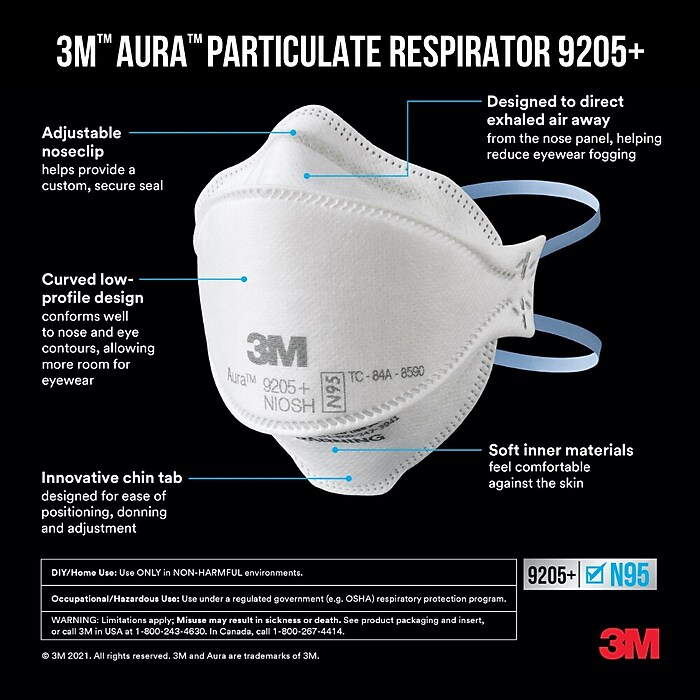 3M Aura N95 Particulate Respirator, White, 20/Pack (9205P-20-DC