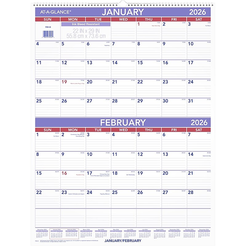 2026 AT-A-GLANCE 22" x 29" Two-Month Wall Calendar, White/Purple (PM9-28-26) image 1