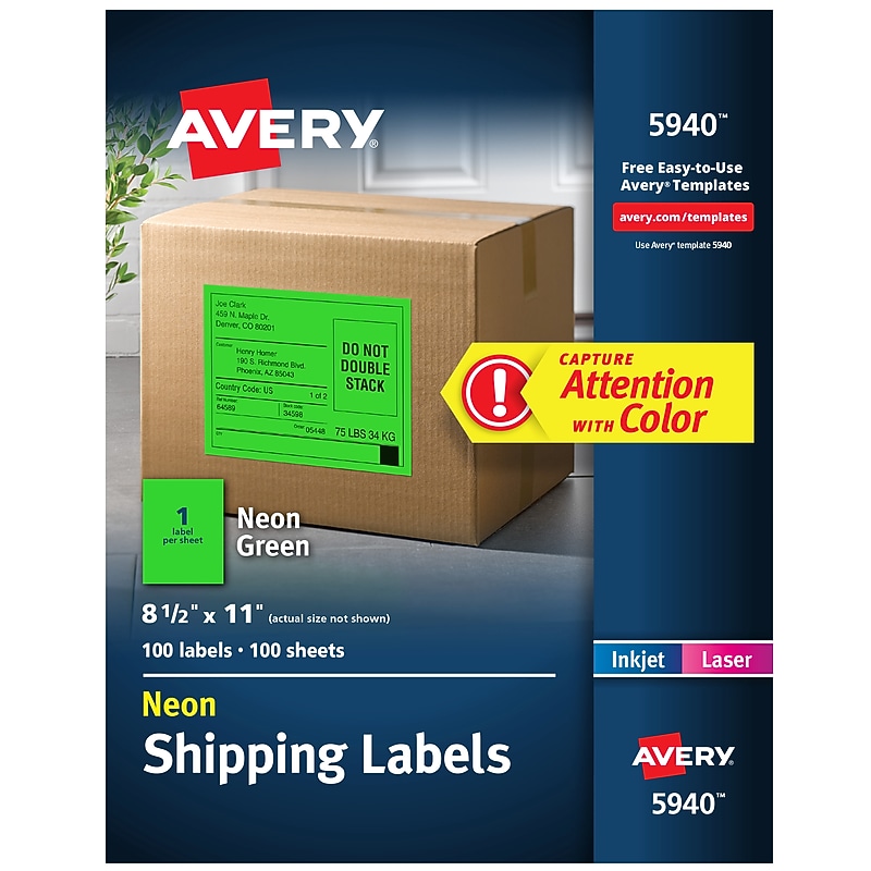 Avery Laser Shipping Labels, 8-1/2" x 11", Neon Green, 100 Labels/Box (5940) image 1
