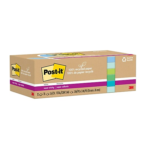 Postit Recycled Super Sticky Notes, 3" x 3", Oasis Collection, 70