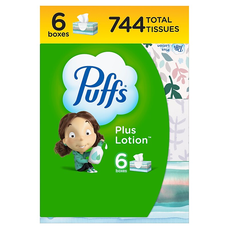 Puffs Plus Lotion Facial Tissue, 2-ply, 124 Tissues/Box, 6 Boxes/Pack (39383) image 1