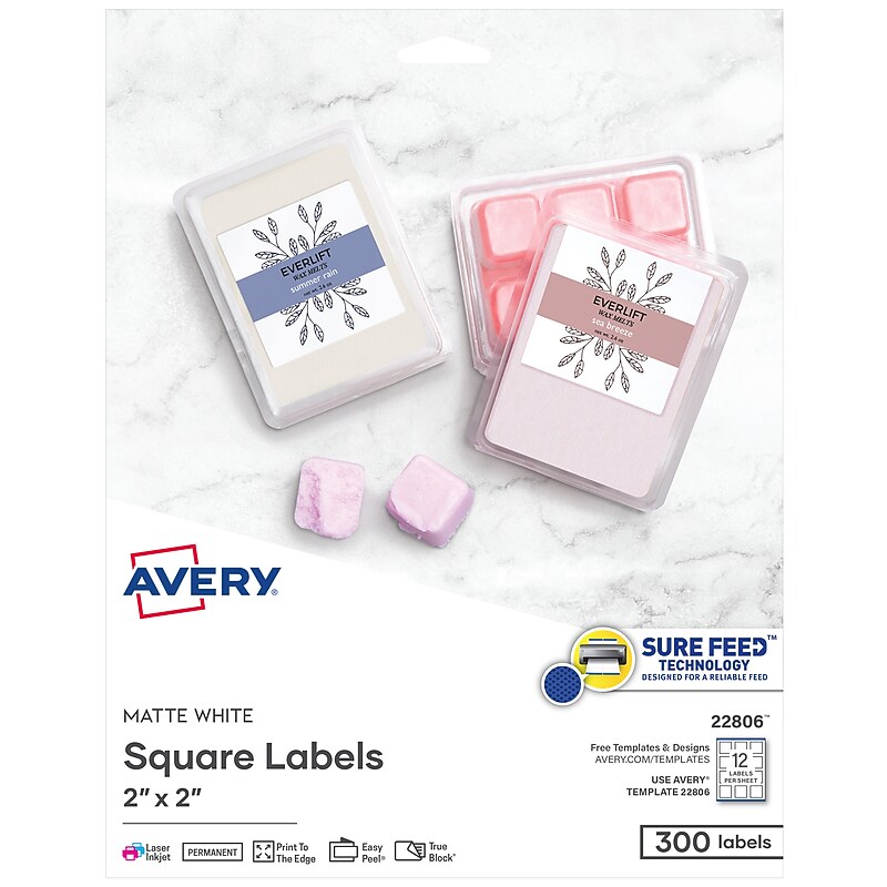 Avery Print-to-the-Edge Laser/Inkjet Square Labels, 2" x 2", White, 300 Labels/Pack (22806) image 1