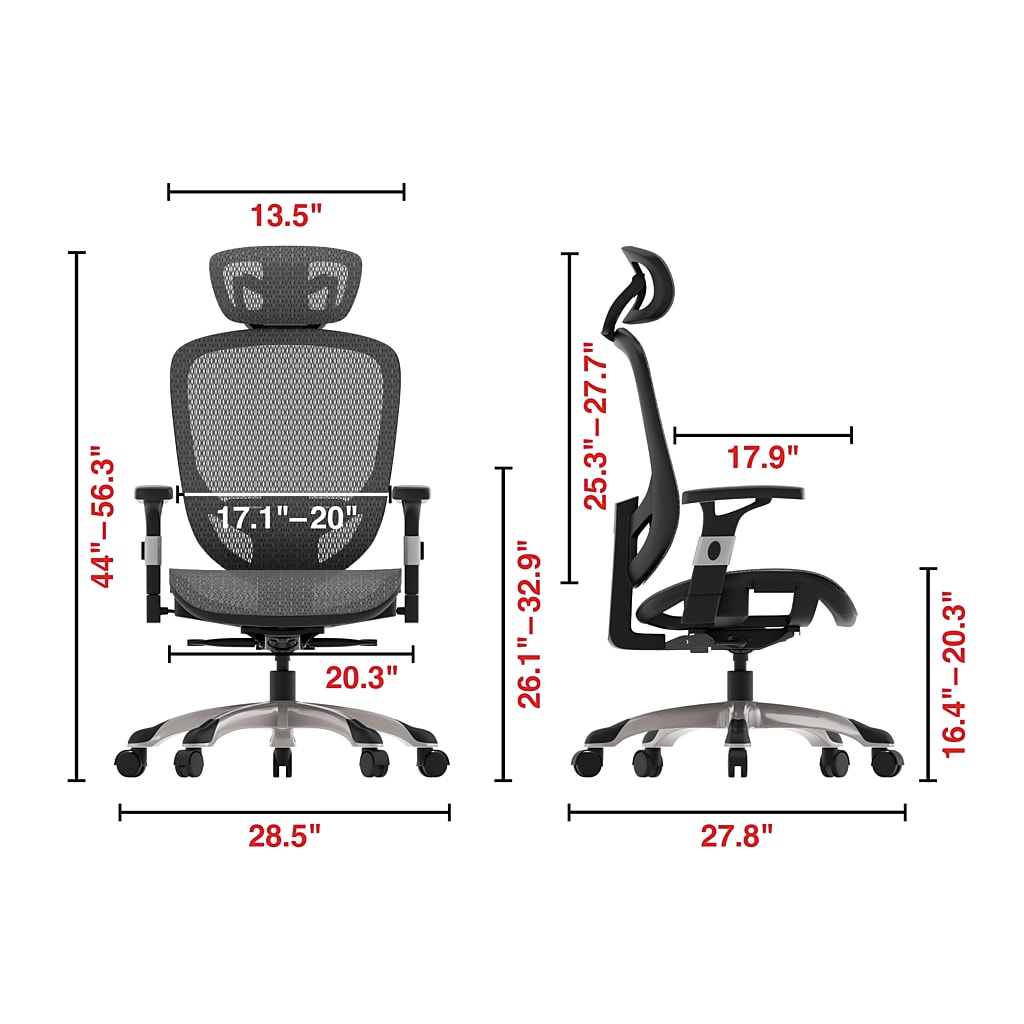 Dimensions of Hyken chair front and side views with measurements