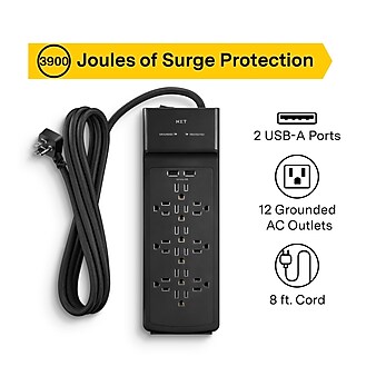 NXT Technologies™ 12-Outlet 2 USB Surge Protector, 8' Braided Cord, 3900 Joules (NX54319)