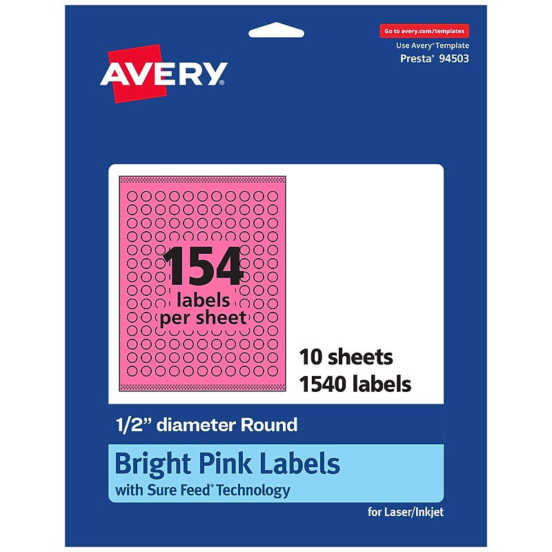 Avery Laser/Inkjet Round Multipurpose Labels, 0.5" Dia., Bright Pink, 1540/Pack (94503) image 1