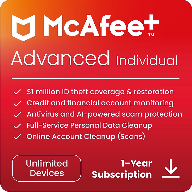 McAfee+ Advanced Individual for Unlimited Users, Windows/macOS/Android/iOS/ChromeOS, Download (MPA41ESTURAID)