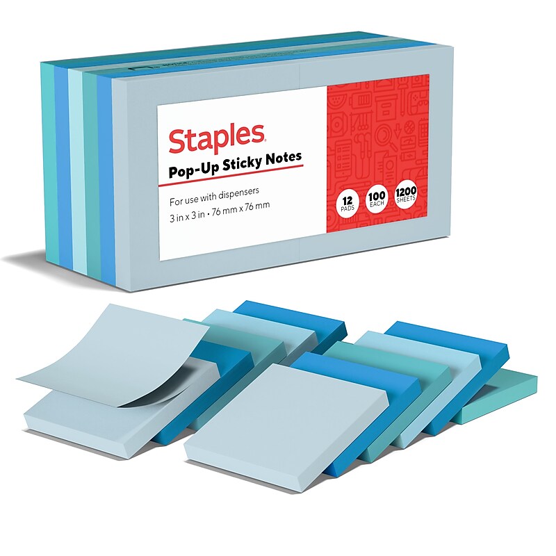 Staples® Pop-up Sticky Notes, 3" x 3", Ocean Views Collection, 100 Sheets/Pad, 12 Pads/Pack (S-33WCP12) image 1