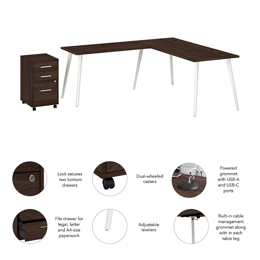 Product layout of desk and cabinet with features icons