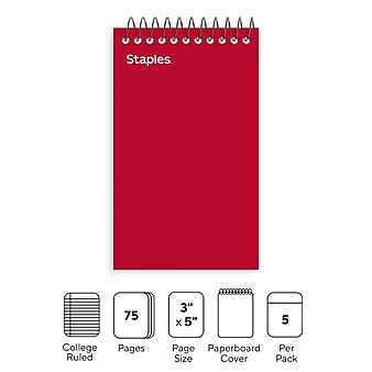 Staples Memo Pads, 3" x 5", College Ruled, Assorted Colors, 75 Sheets/Pad, 5 Pads/Pack (TR11491)