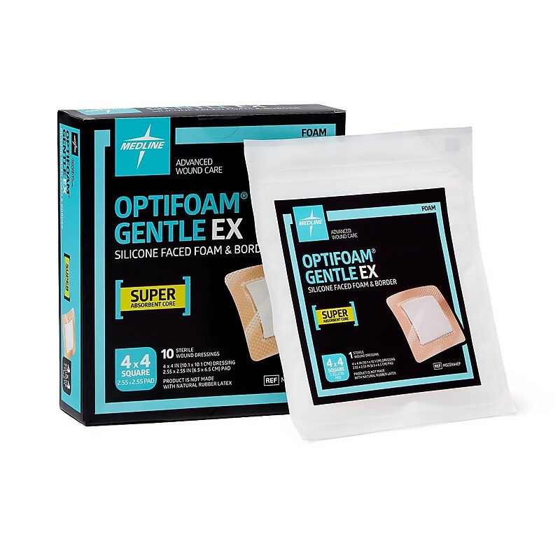 Medline Optifoam Gentle EX Sterile Adhesive Foam Dressings, 4" x 4", 10/Box (MSCEX44EPZ) image 1